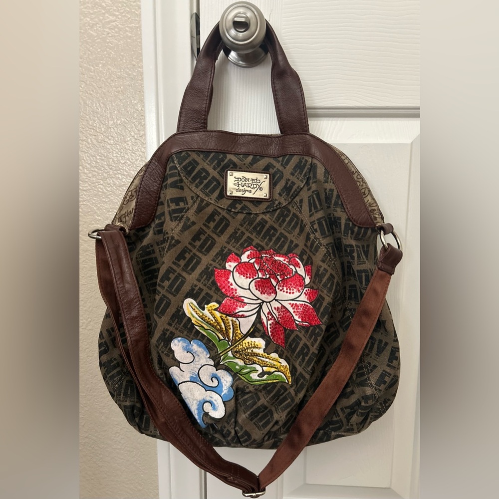 Vintage Y2K Ed Hardy Brown Tote Bag With Rhinestones